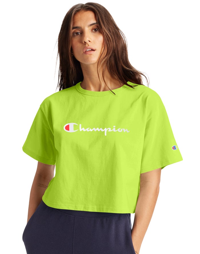 Champion T-Shirt Dames - Groen - Heritage Cropped Script Logo ( 398270-HYA )